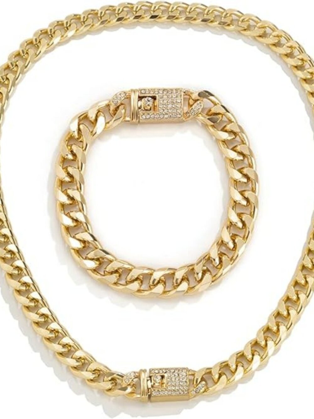 Cuban Rhinestone‎ Clasp Necklace & Bracelet Set Hip Classy Gold Link Elegant